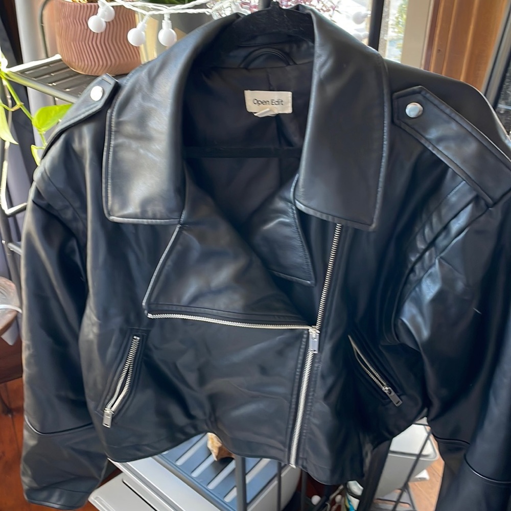 Open Edit Soft Leather Jacket with Silver Hardware